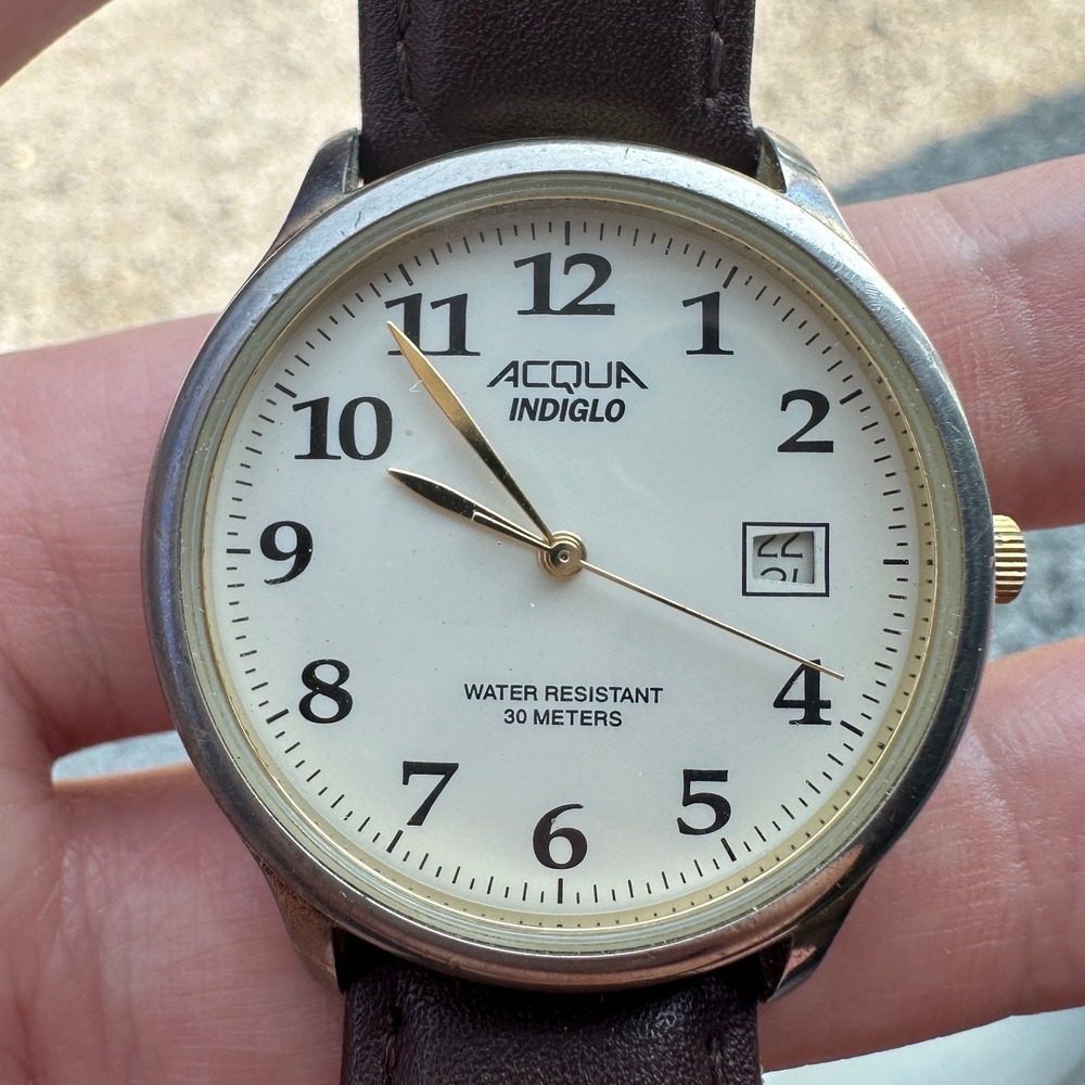 Acqua Indiglo Watch Mens A63282 Cream Dial Brown Leather Strap Date Water Resist